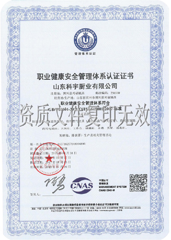職業(yè)健康安全管理體系認(rèn)證證書(shū)